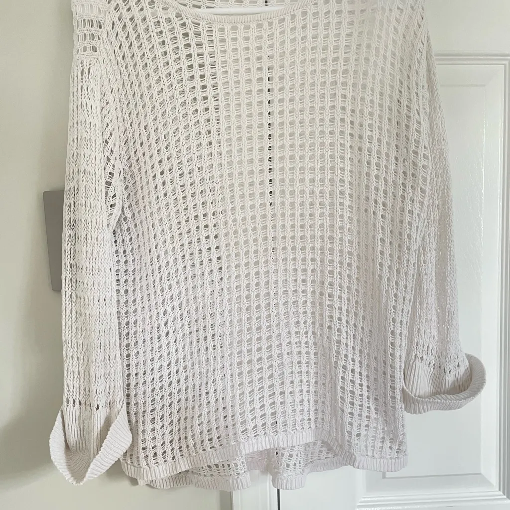 J. Jill Crochet Sweater Womens XS Linen Blend Beachy Coastal Boho Coquette Swim White - Image 3