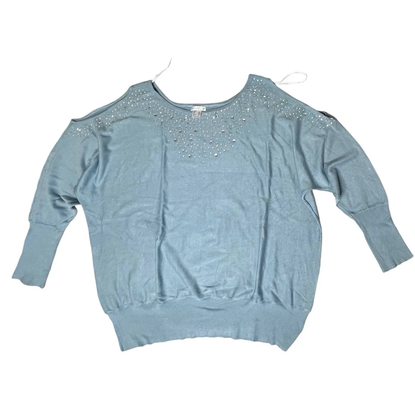 Venus Blue Rhinestones Cold Shoulder Sweater XXXL Cottage Sparkle Pastel NWOT‎ - Image 8
