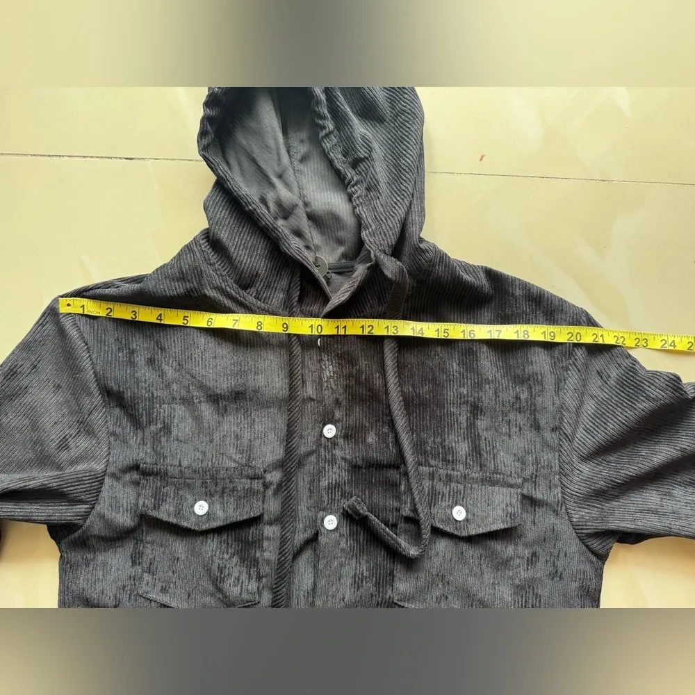 Romwe Black black  hooded Button Up Shirt Jacket Shacket Sz M  full button - Image 9