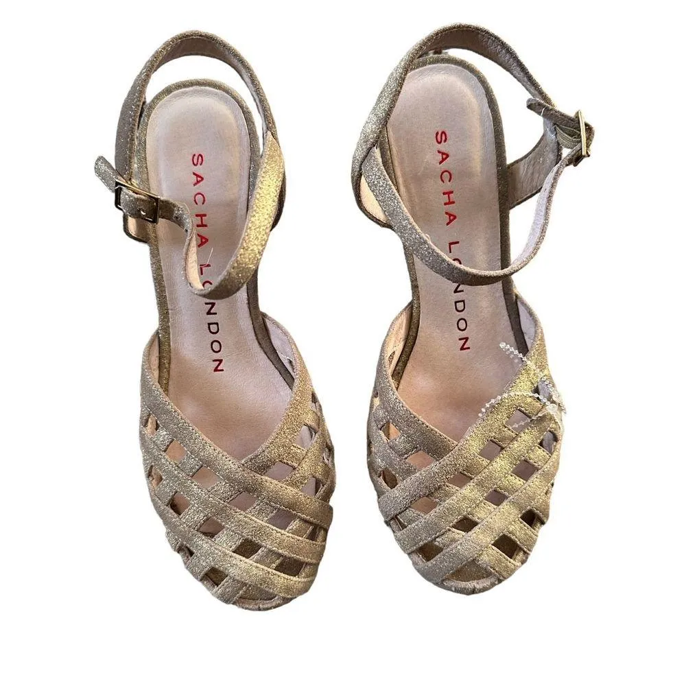 SACHA LONDON GOLDTONE METALLIC LEATHER ANKLE STRAP PLATFORM HAND MADE SHOES 7 Size undefined - Image 2