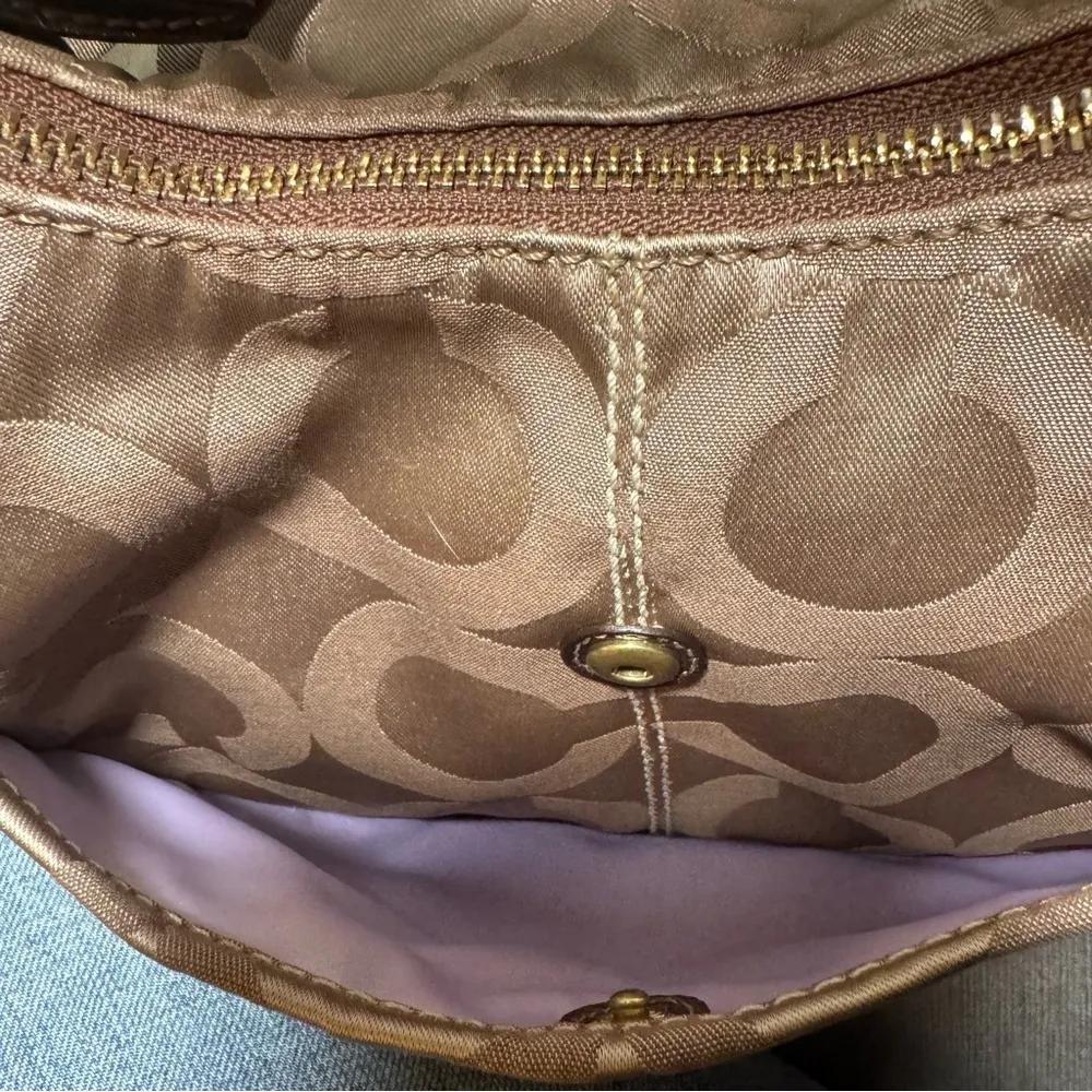 Coach Brown Signature One Shoulder Hobo Bag with bronze leather - Image 13