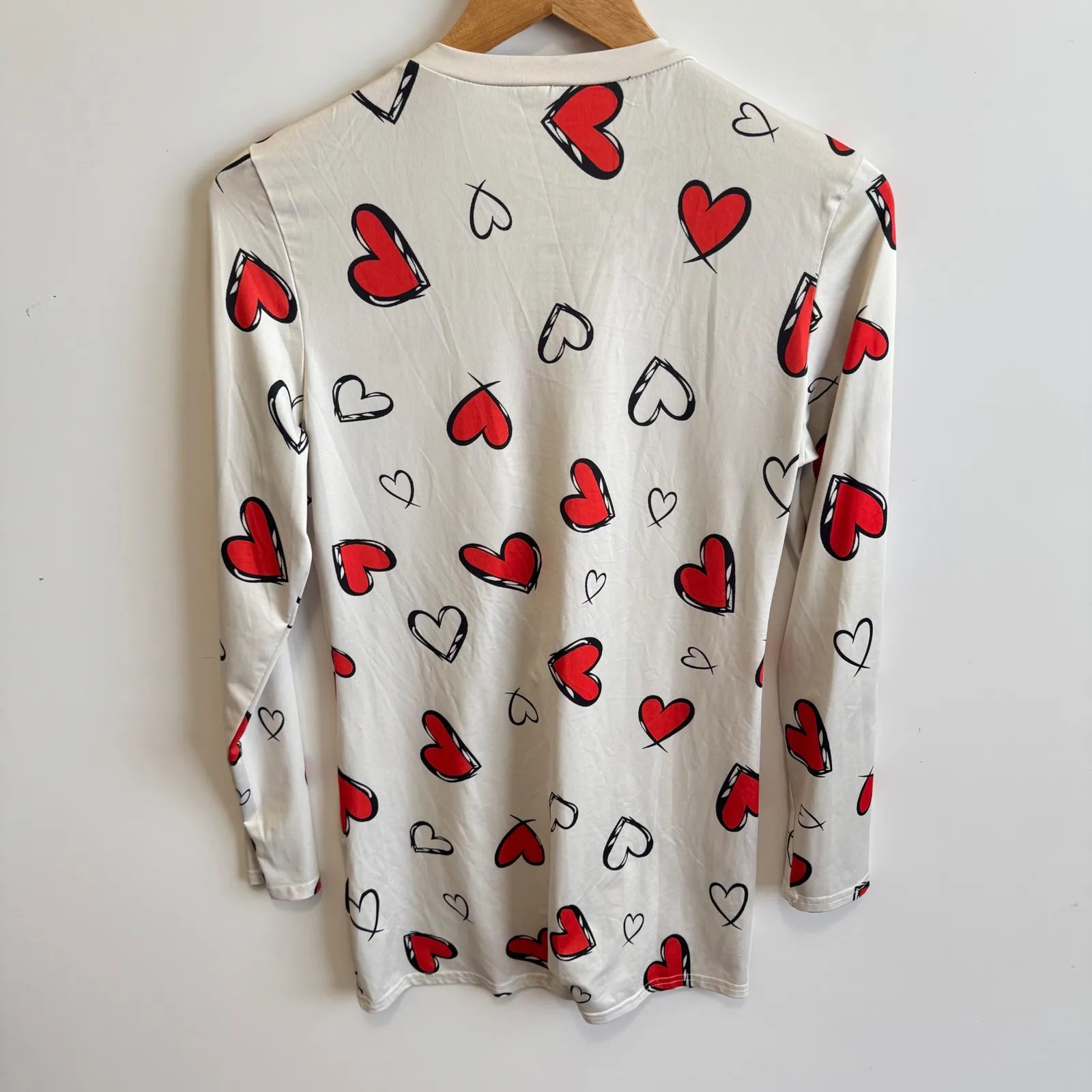 Womens Heart Print‎ Button Down Long Sleeve Top Casual Romper White - Image 3