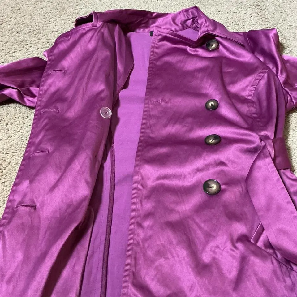 BCX Double Breasted Belted Trench Coat Jacket Women's Size M Purple Satin Look - Image 8