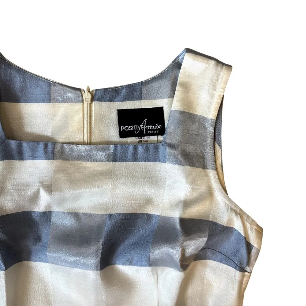 VTG 90s Satin Gingham Blue & White Sleeveless Sheath Dress Size 8P - Image 3