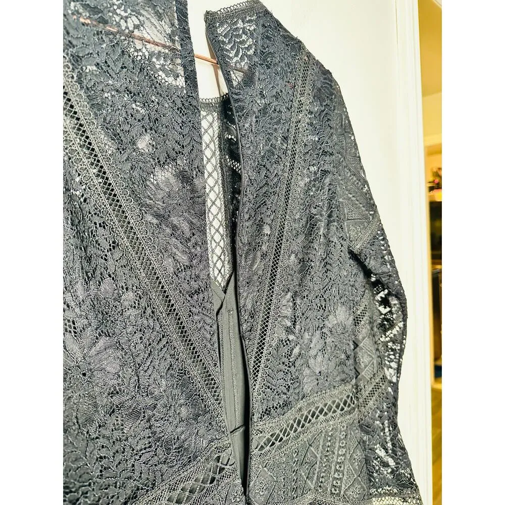 THE KOOPLES Black Lace Lined Lace Design A-Line Midi Dress size 6 - Image 11