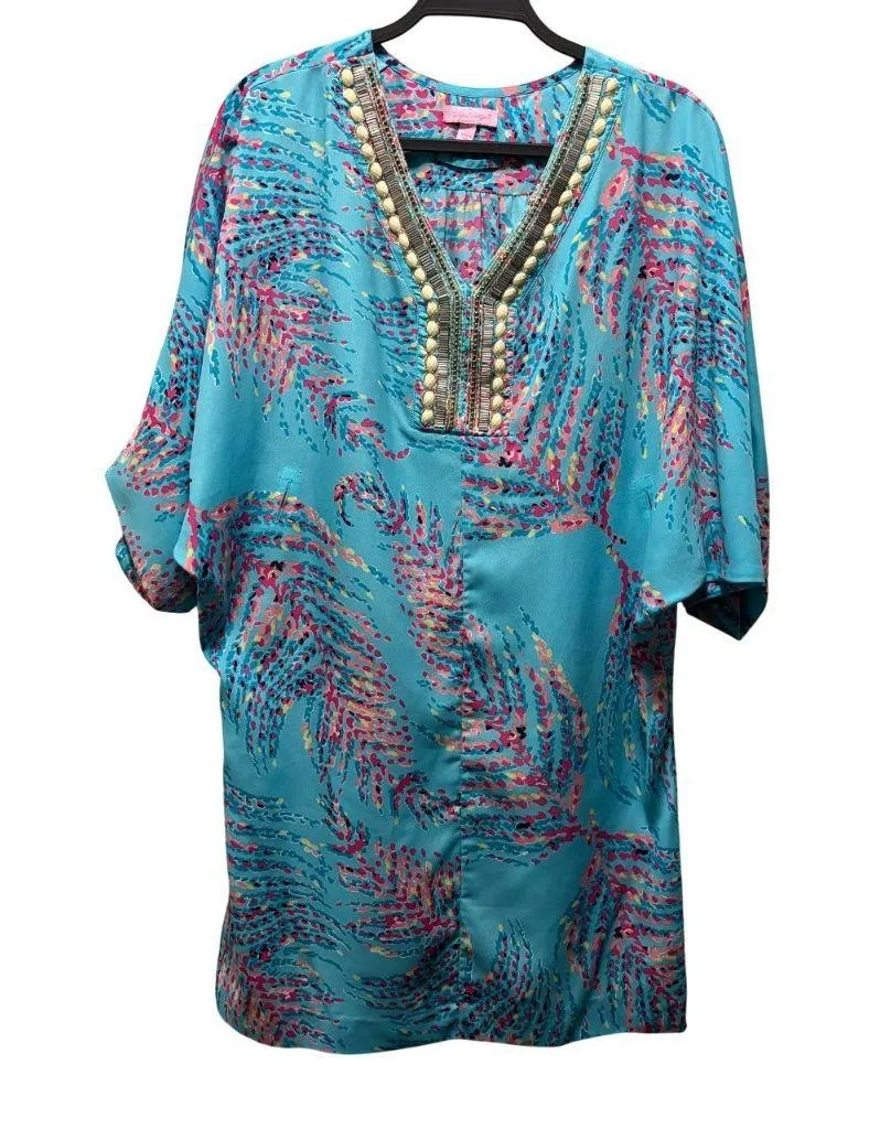 Lilly Pulitzer Womens Wilda Bright Blue Beaded Neck Caftan Dress S - Image 2
