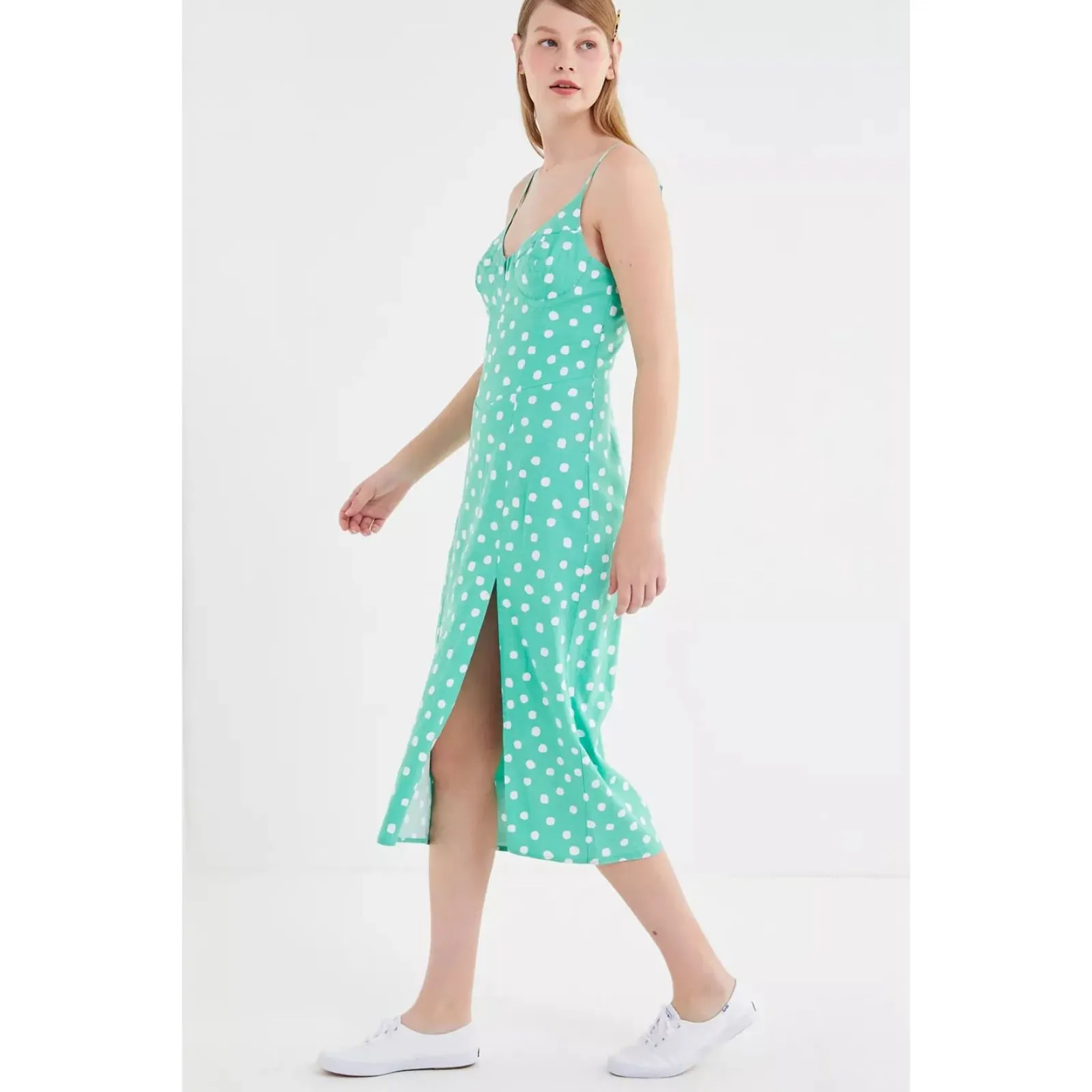 Urban Outfitters Dolce Vita Linen Blend Midi Dress in Green & White Polka Dots M - Image 14