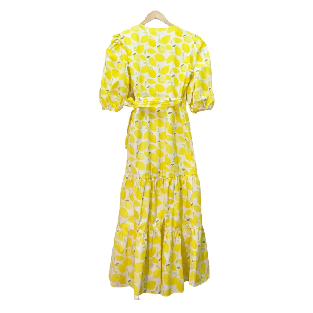 Hutch Lemon Print Puff Sleeve Wrap Midi Dress Yellow White Cotton Size Mecium - Image 4