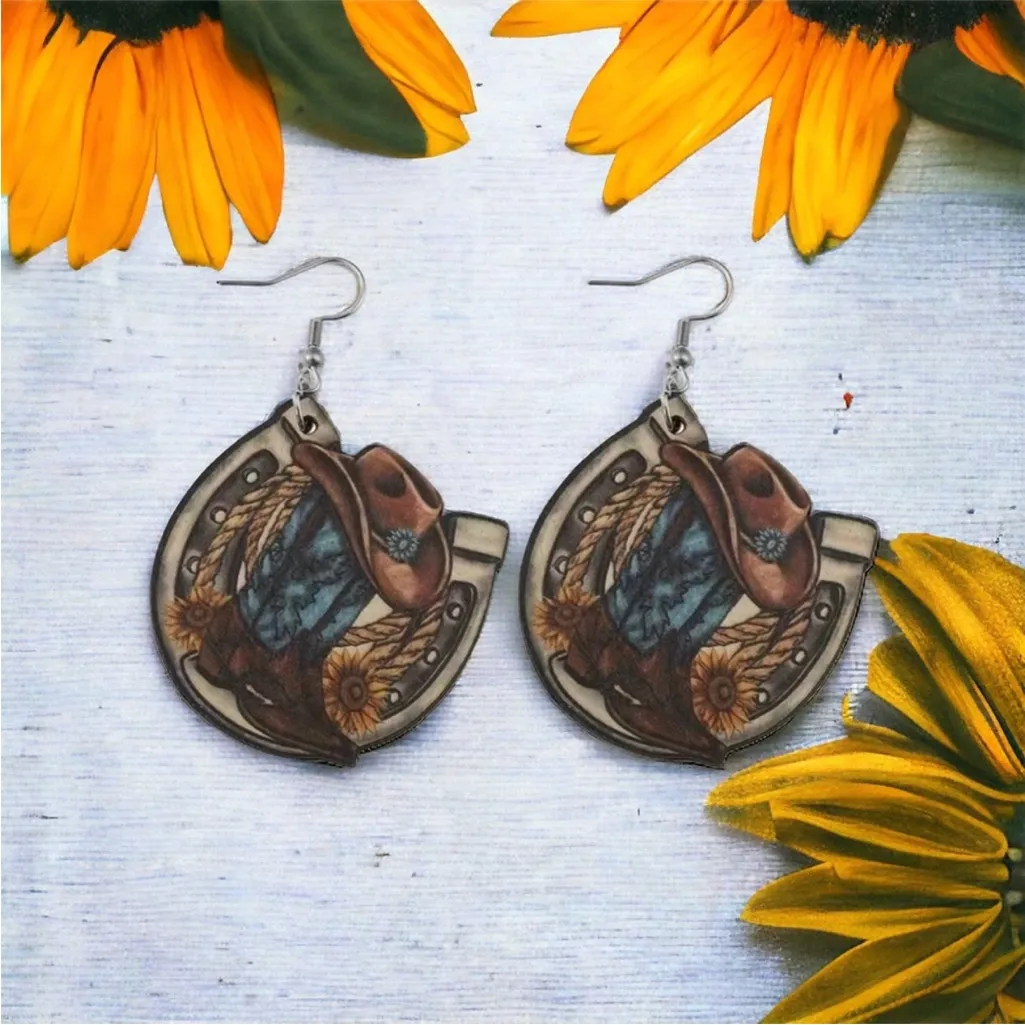 Western style wooden with sunflower shape‎ pattern drop hook earrings Brown - Image 2