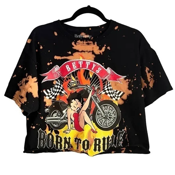 Betty Boop Born To Rule Flame Motorcycle Bleach Crop Tee Graphic Y2K Retro L - Image 2