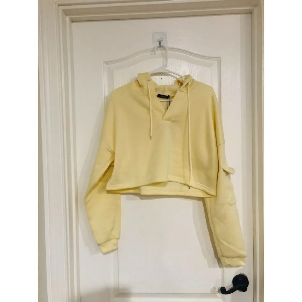 Micas Women's V-Neck Long Sleeve Pocket Hooded Sweatshirt Pullover Beige Large - Image 2