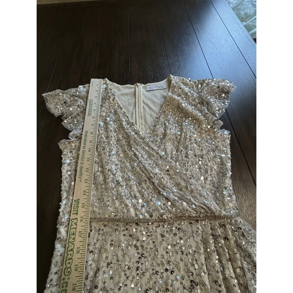 Mac Duggal Women Sequin Faux Wrap Gown Silver 10 Ruffle Dress 70113 Prom Party - Image 7