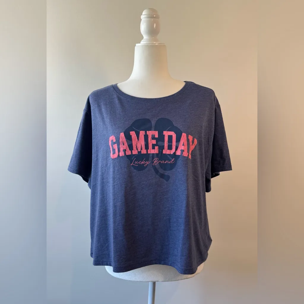 Lucky Brand Logo Game Day Cropped Short Sleeve Tee Heather Blue Size L NWT - Image 3