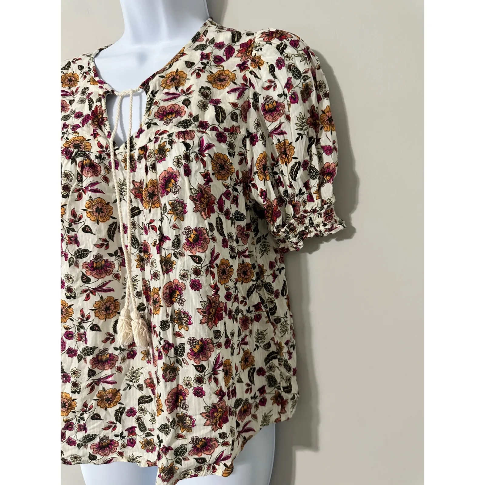 Aqua Floral Print Tie Neck Puff Sleeve Blouse Top Women's‎ Size S Rayon - Image 2