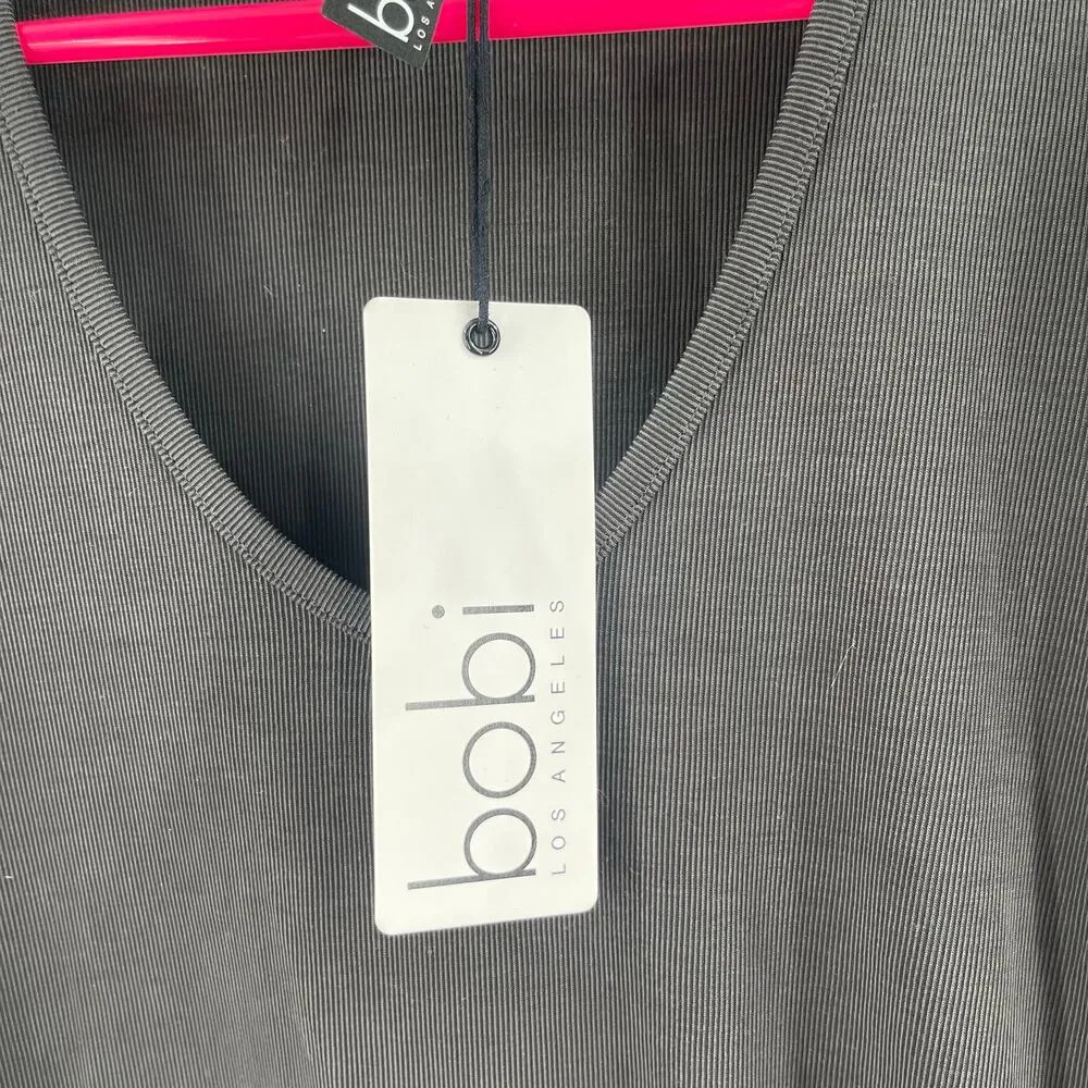 BOBI LOS ANGELES Dress Size Small Gray NWT Mini Long Sleeve Puff V-Neck Ribbed - Image 4
