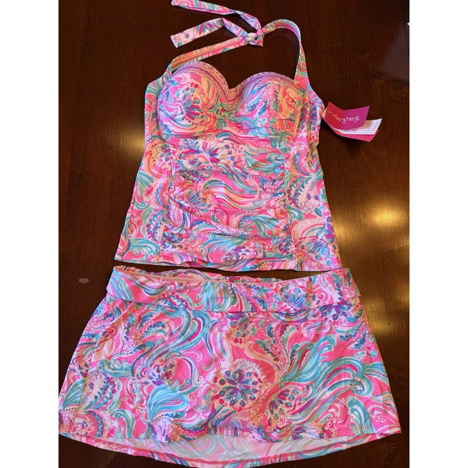 Lilly Pulitzer Pink Multi Jimmi Tankini Swim Top Caleh Skirted Bikini Bottom 12 - Image 2