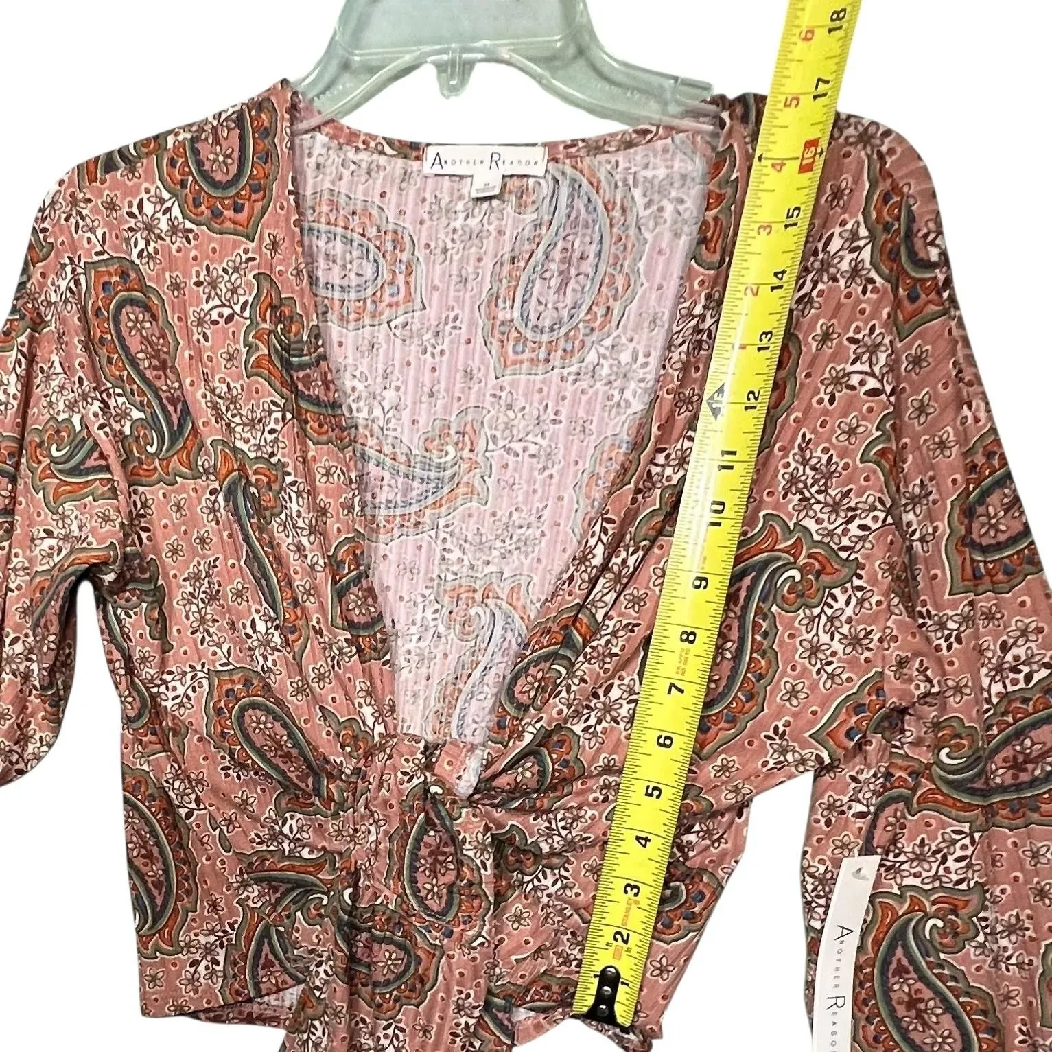 Another Reason Blouse Womens Medium Paisley Tie Front Long Sleeve Boho NWT Brown - Image 7