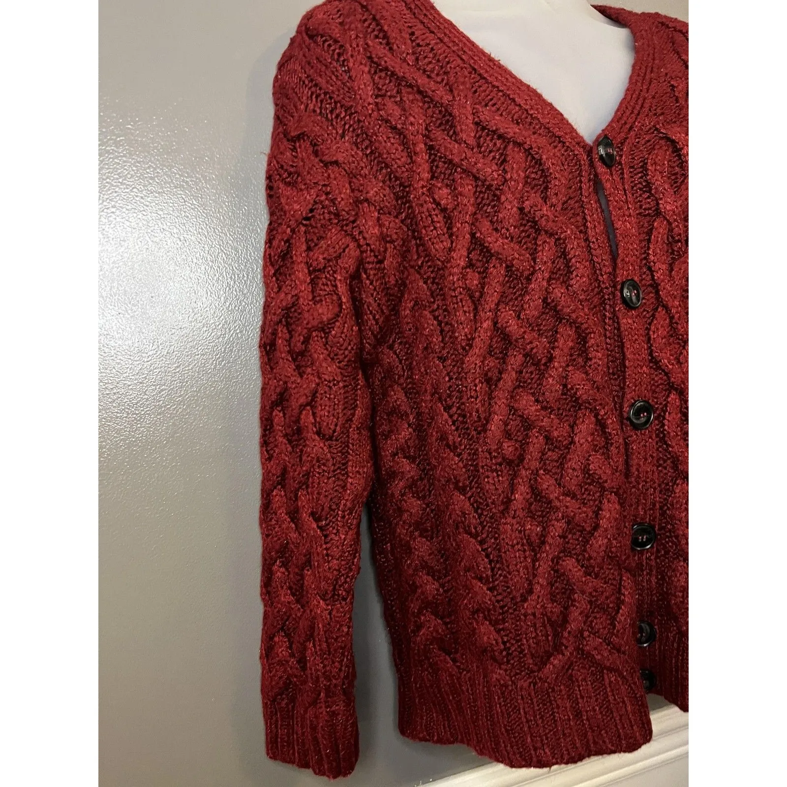 Zara Man Sweater Mens Medium Red Cable Knit Chunky Button Front Cardigan - Image 2