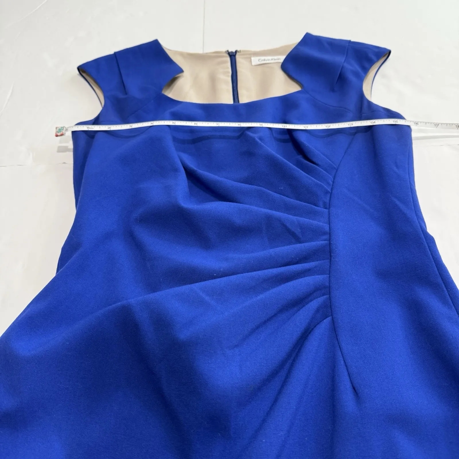 Calvin Klein Blue Side Ruched Horseshoe Neck Sleeveless Sheath Dress‎ Size 4 - Image 7