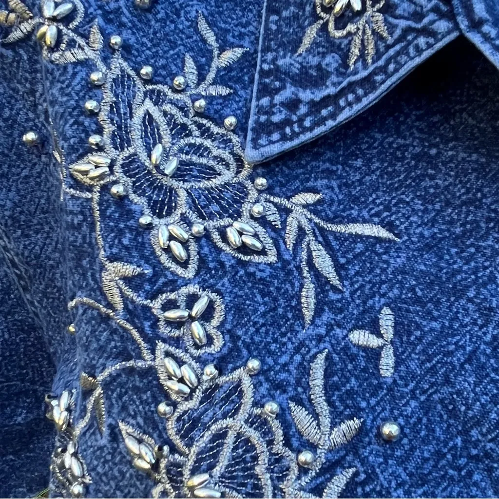 Vintage 1990’s club z denim southwestern beaded blouse Silver Size M - Image 5