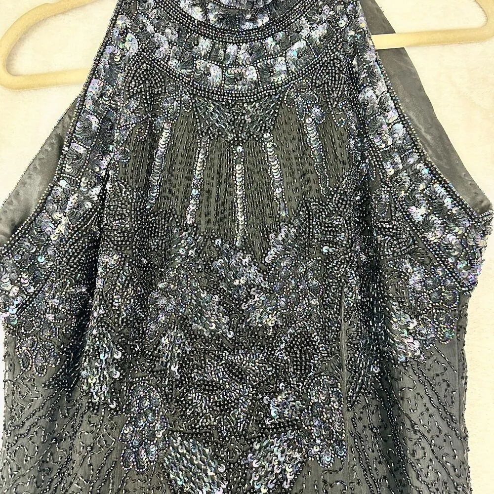 Adrianna Papell Evening Silk Beaded Gown Size 10 Black Special Occasion Formal - Image 4