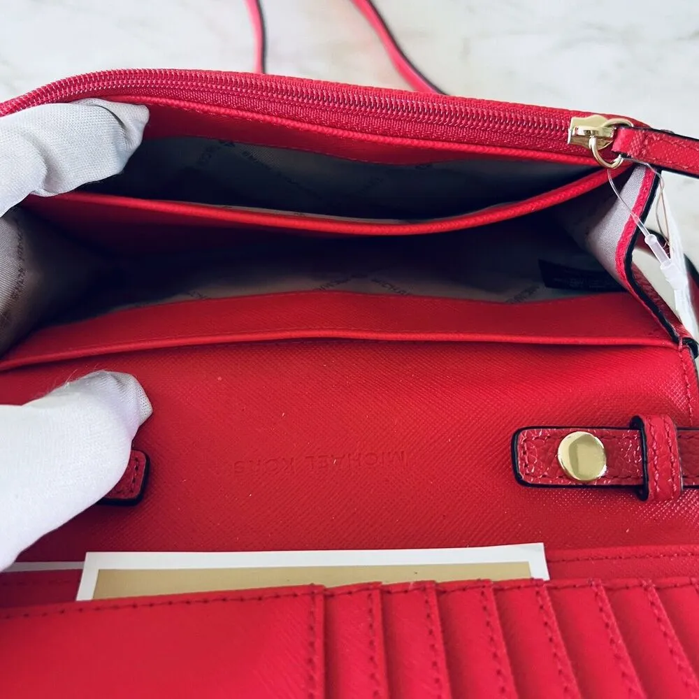 MICHAEL KORS Jet Set Travel Coral Reef Leather Multi Function Phone Crossbody - Image 9