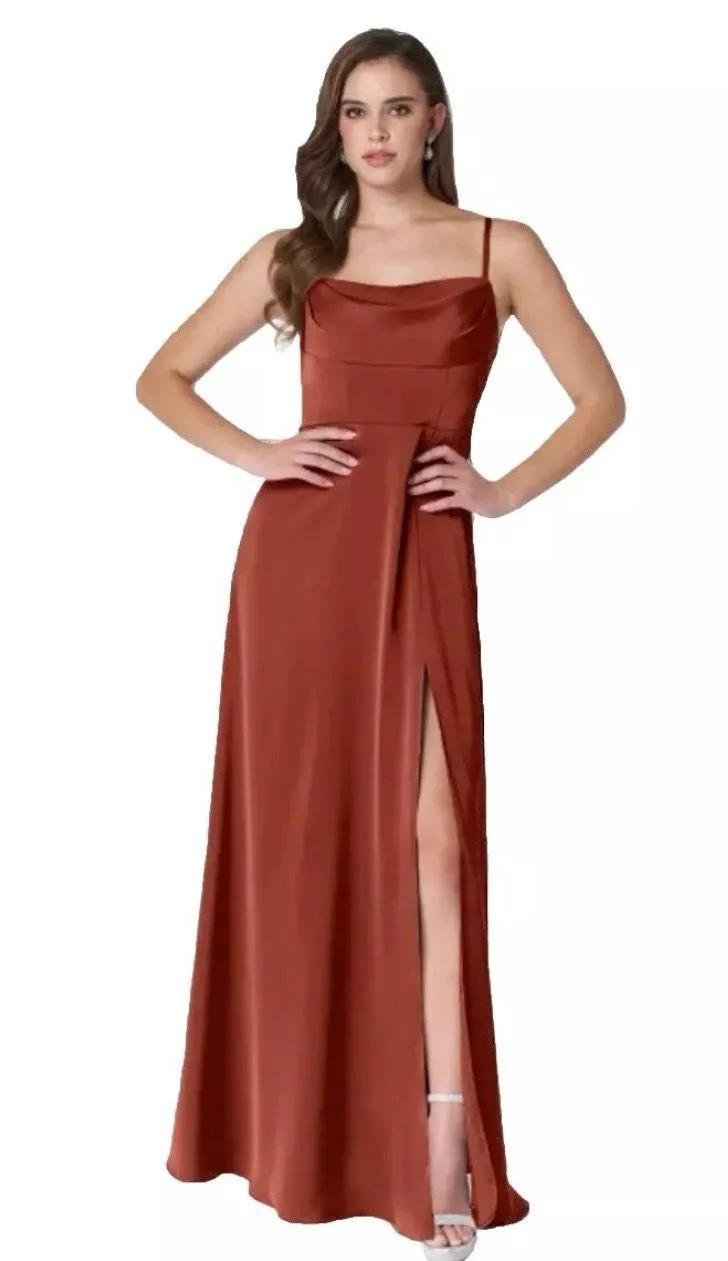 Bridesmaids Dress Terracotta Flowy Cowl Neckline Side Slit Satin Size 12 - Image 3