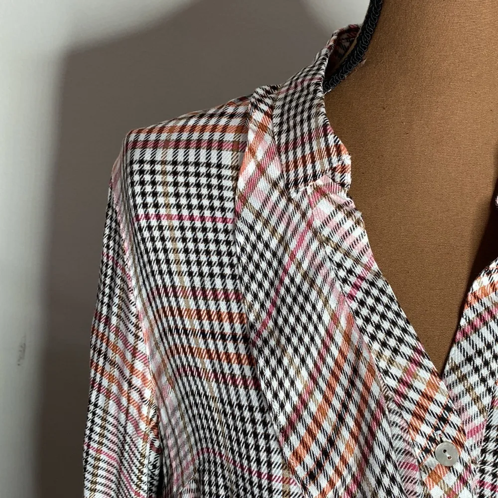 J Jill Glen plaid ruffled button front rayon blouse size S Tan - Image 7