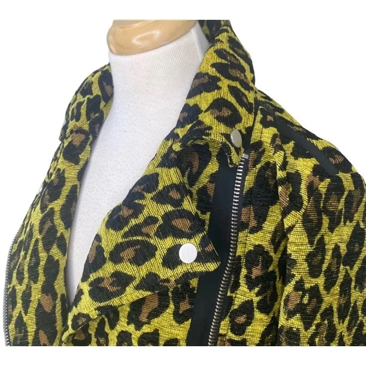 FREE PEOPLE Femme Fatale Long Moto Jacket Yellow Leopard Print Size‎  Small - Image 8