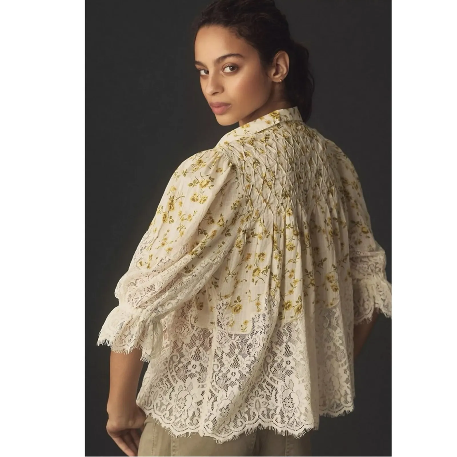 Anthropologie Ethereal Dainty Ditsy Floral Victorian Lace Blouse Medium Cottage - Image 4