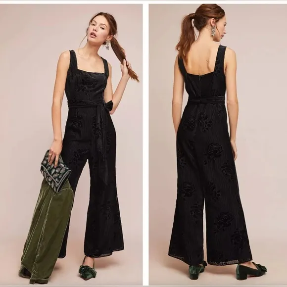 ANTHROPOLOGIE x MOULINETTE SOUERS Noir Velvet Burnout Jumpsuit Black Size 10 Blue - Image 2