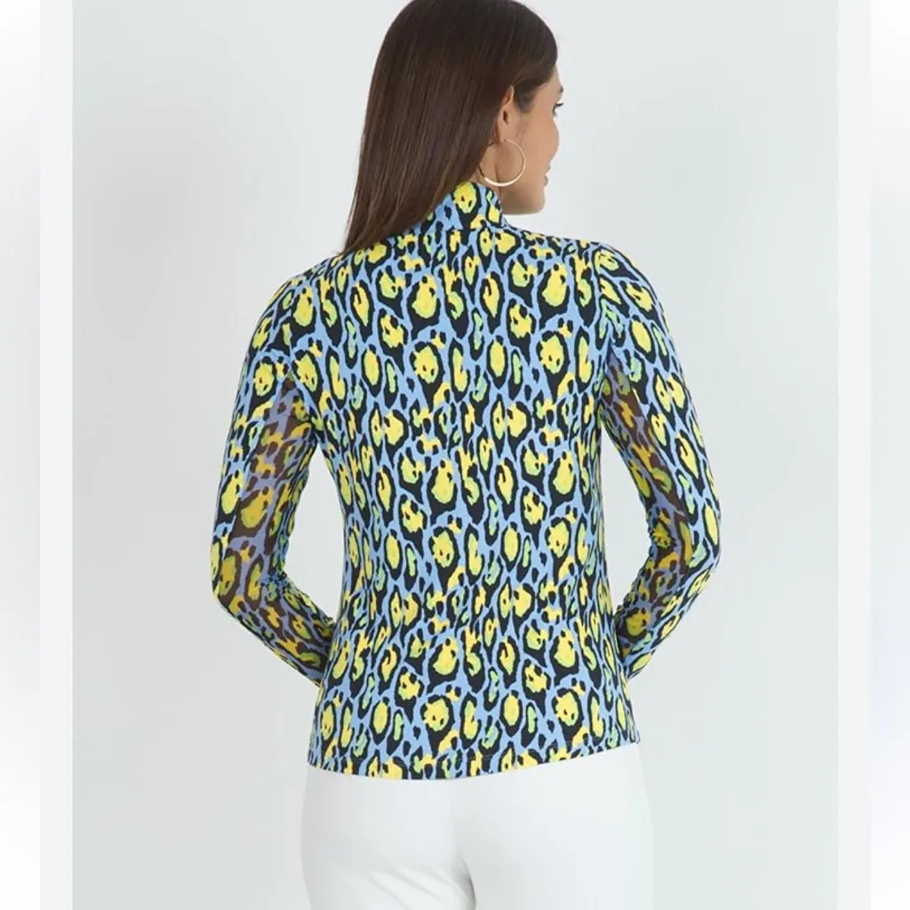 IBKUL GEMMA Periwinkle Multi Leopard Long Sleeve Mock Golf Shirt Size Large Green - Image 2
