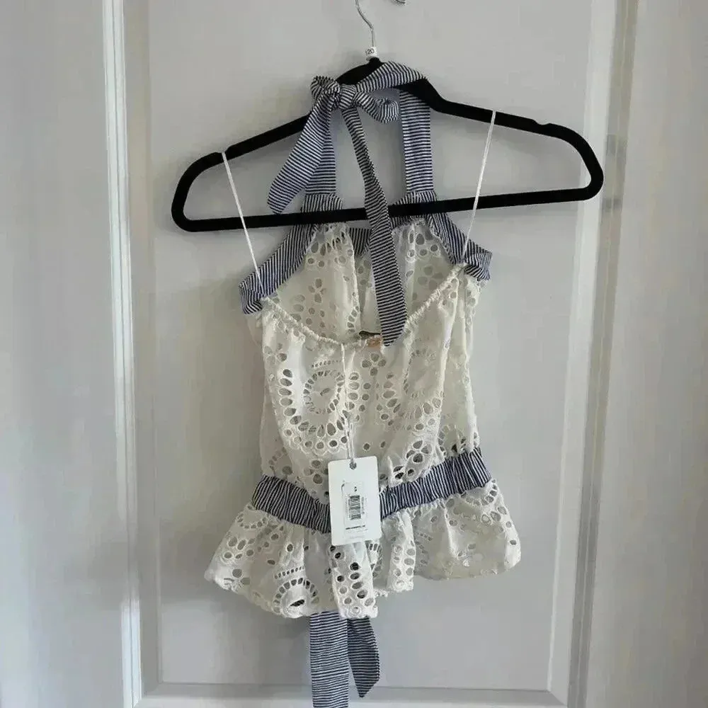 OndadeMar White Eyelet Halter Top Blue Stripe Trim Tie Waist XS NWT - Image 7