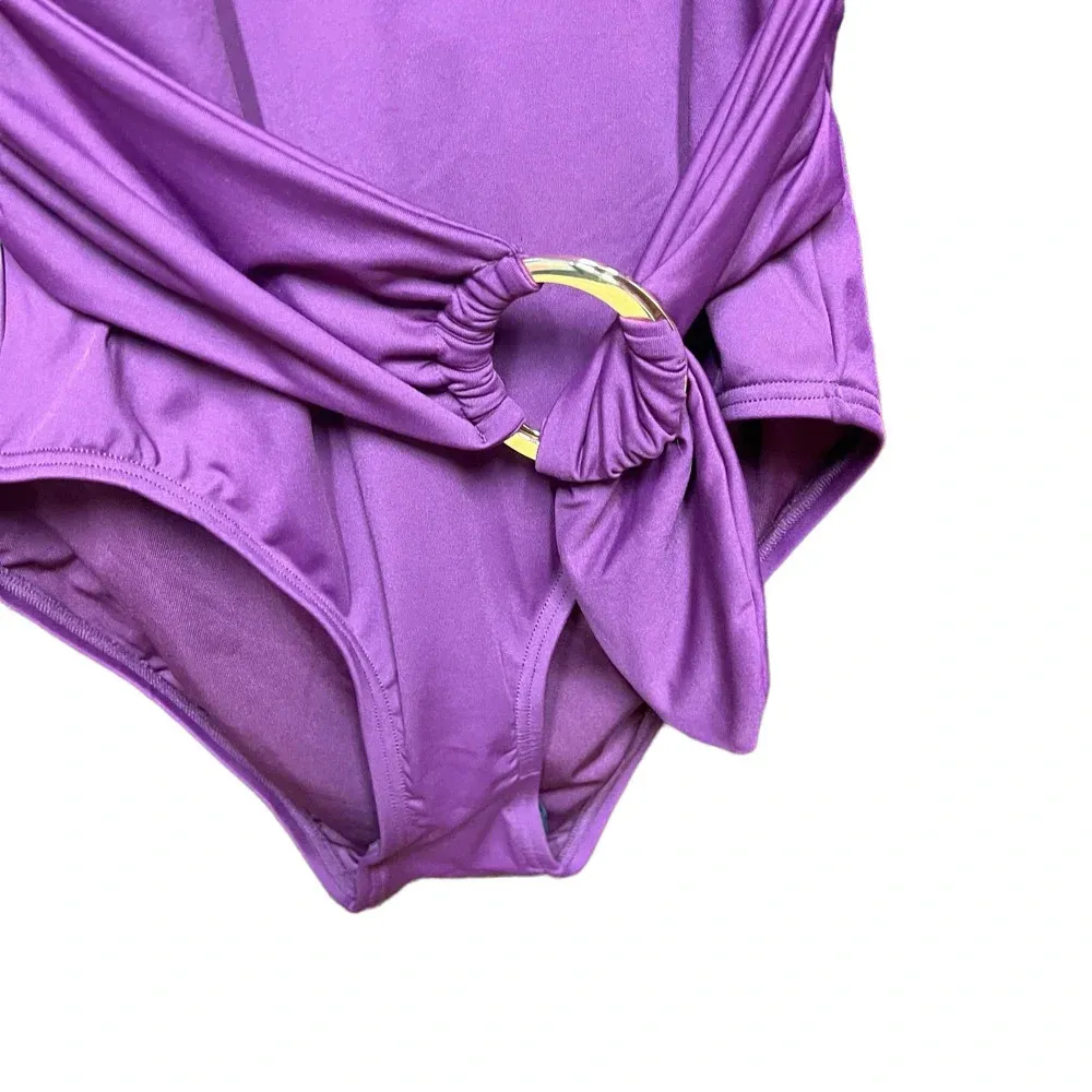 Kate Spade Belted‎ Plunging Halter One-Piece Swimsuit Cabarnet Purple Size Small - Image 6