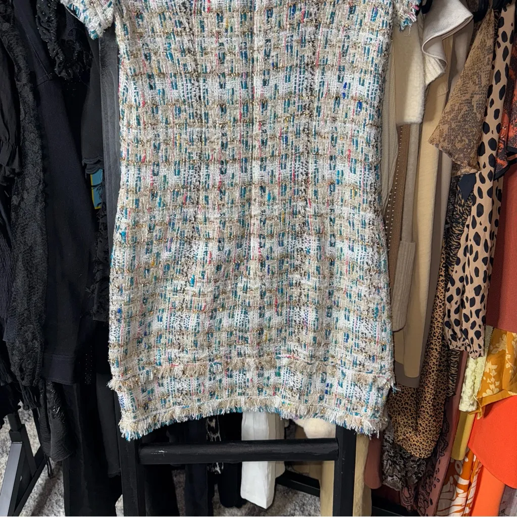 Santorelli Multicolor Metallic Fringed Tweed Shift Dress NWT $495 White Size 8 - Image 8