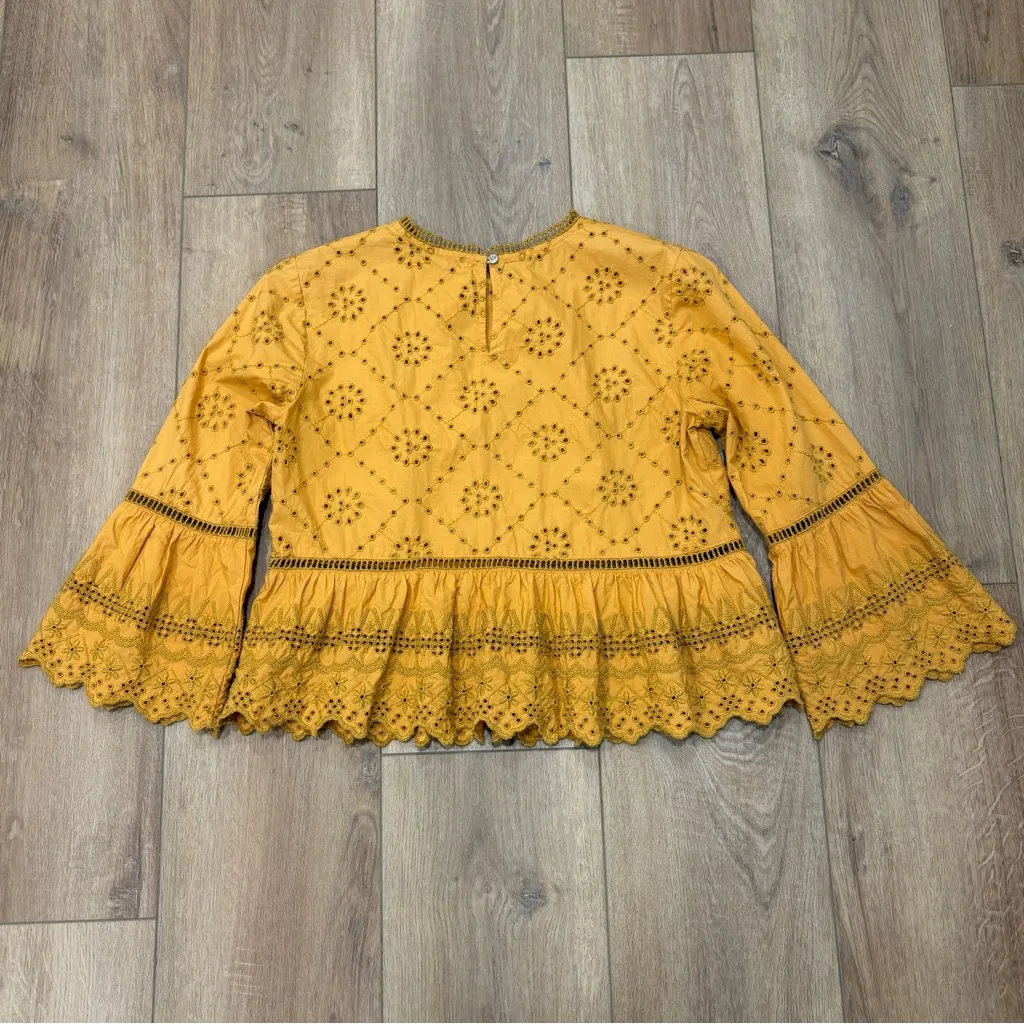 🌟FREE PEOPLE🌟 MERCI BEAUCOUP EYELET BELL SLEEVE BLOUSE YELLOW SZ XS - Image 7