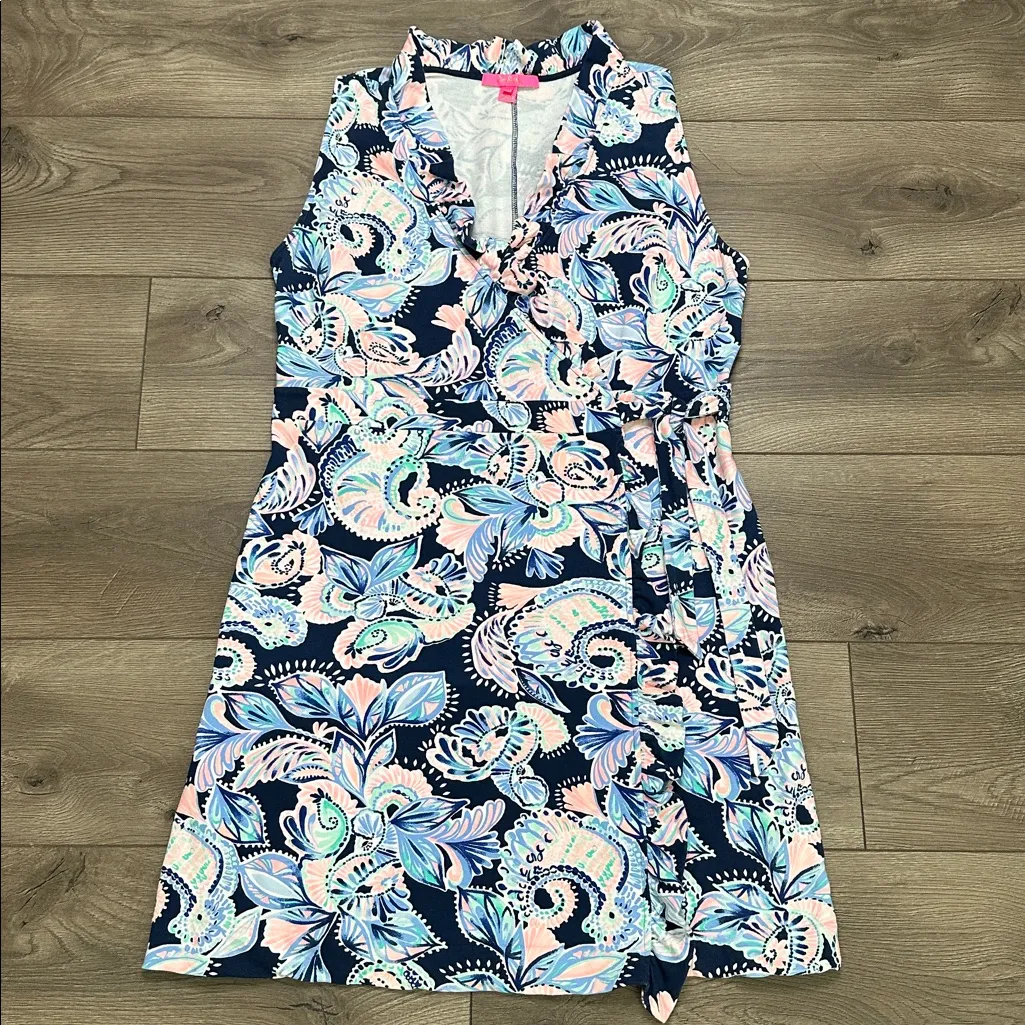 Lilly‎ Pulitzer Romee Wrap Ruffle Dress Holy Flockamolie Blue Pink Size XL - Image 2