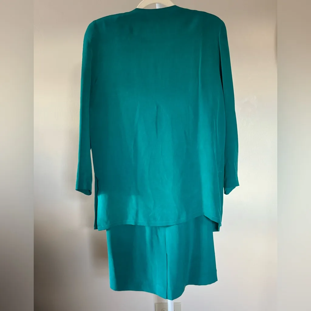 Vintage Talbots Teal Button-Down Shirt & Skirt Matching Set 100% Silk-8 - Image 2