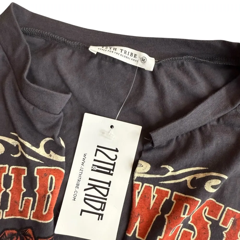 12th Tribe Size M Tie Up Graphic Tie Up Crop Top Gray Western Rodeo Biker Grunge - Image 5