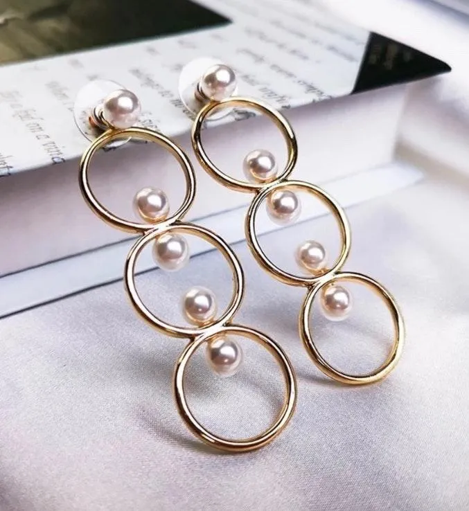 Circles Pearl Beaded Stud Drop Earrings Gold - Image 3