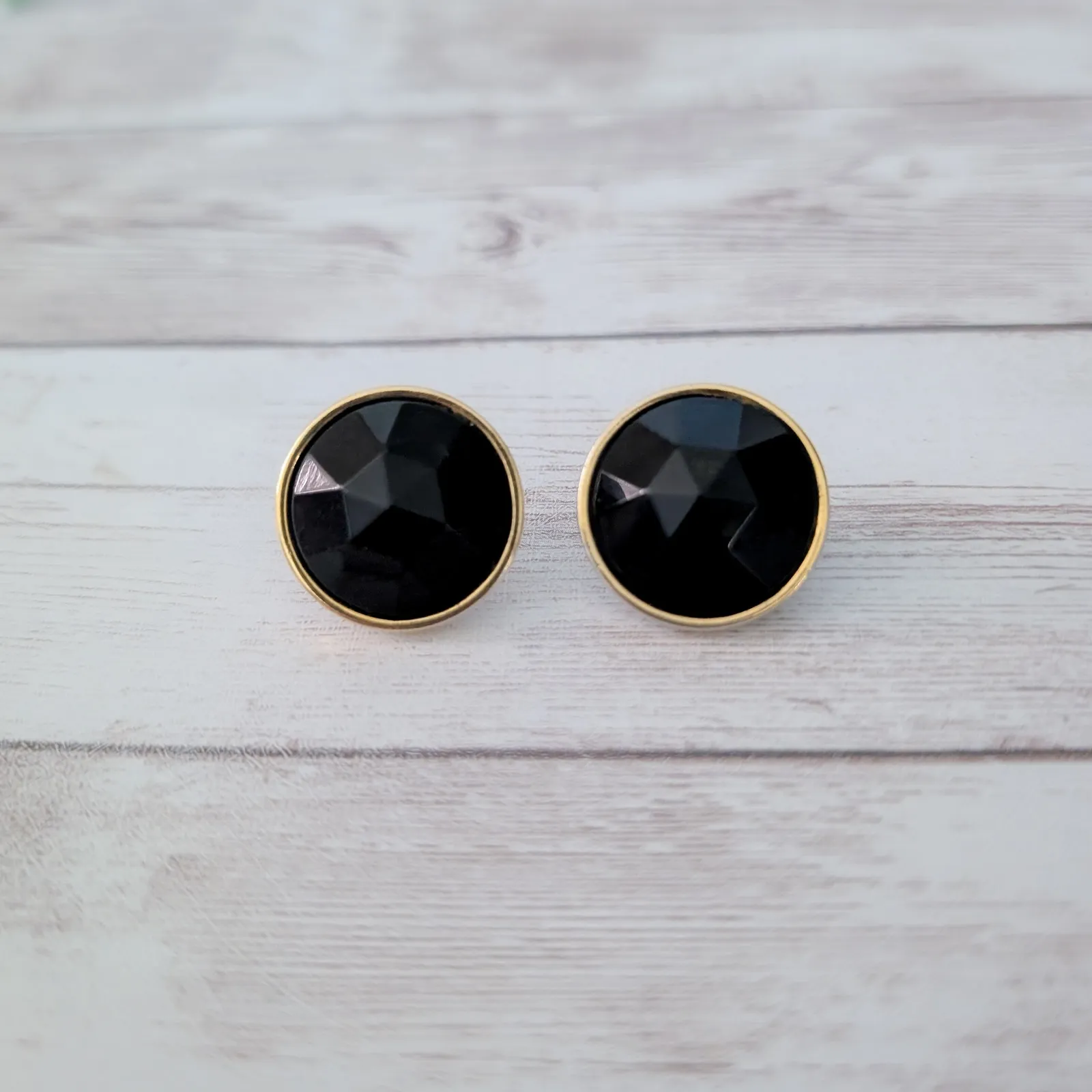 Vintage Clip On Earrings Faceted Black Gem with Gold Tone Halo Just Under 1" - Image 2