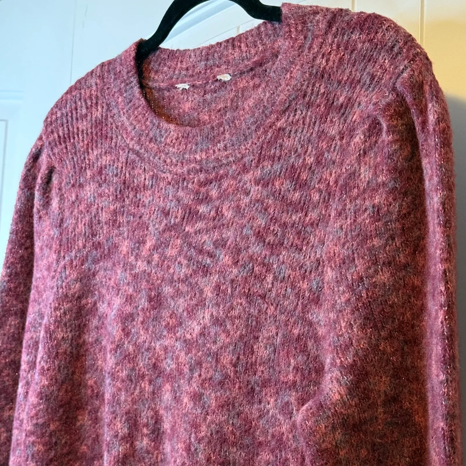 Marled Knit Sweater Women's Large L Mauve Pink Balloon Sleeve Lightweight Cozy # - Image 5