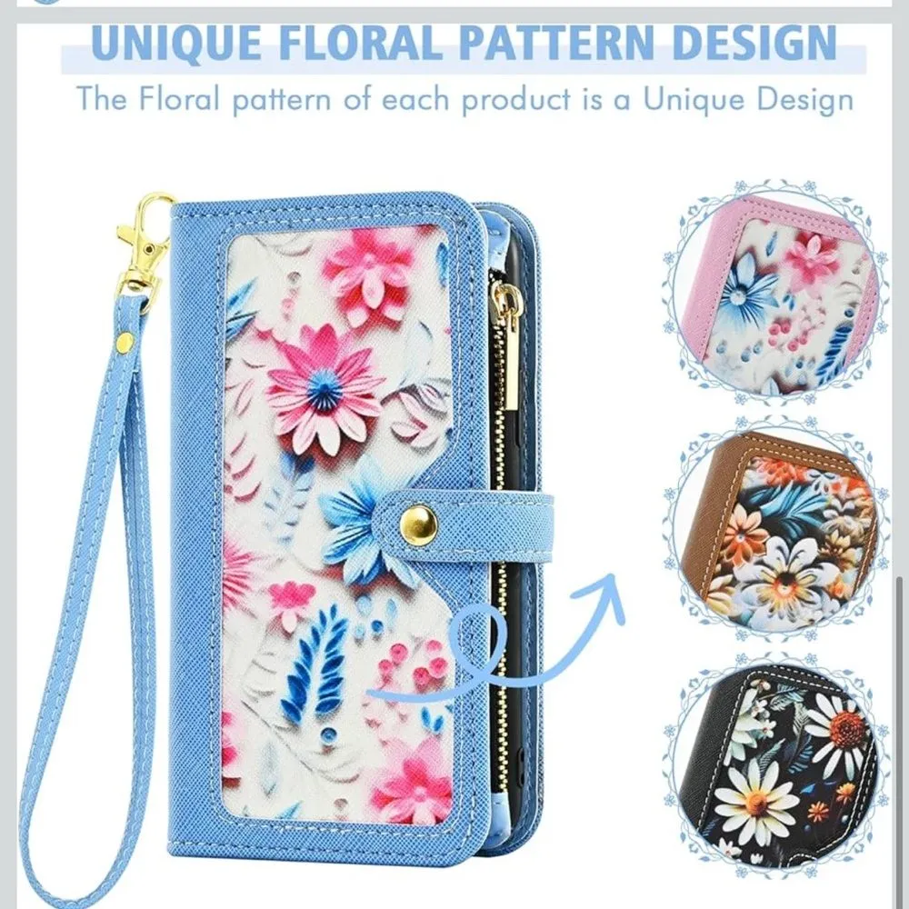 iPhone 16 6.1” Case Wallet Case Floral Wristlet Blue Card Holder Phone FC7 - Image 6