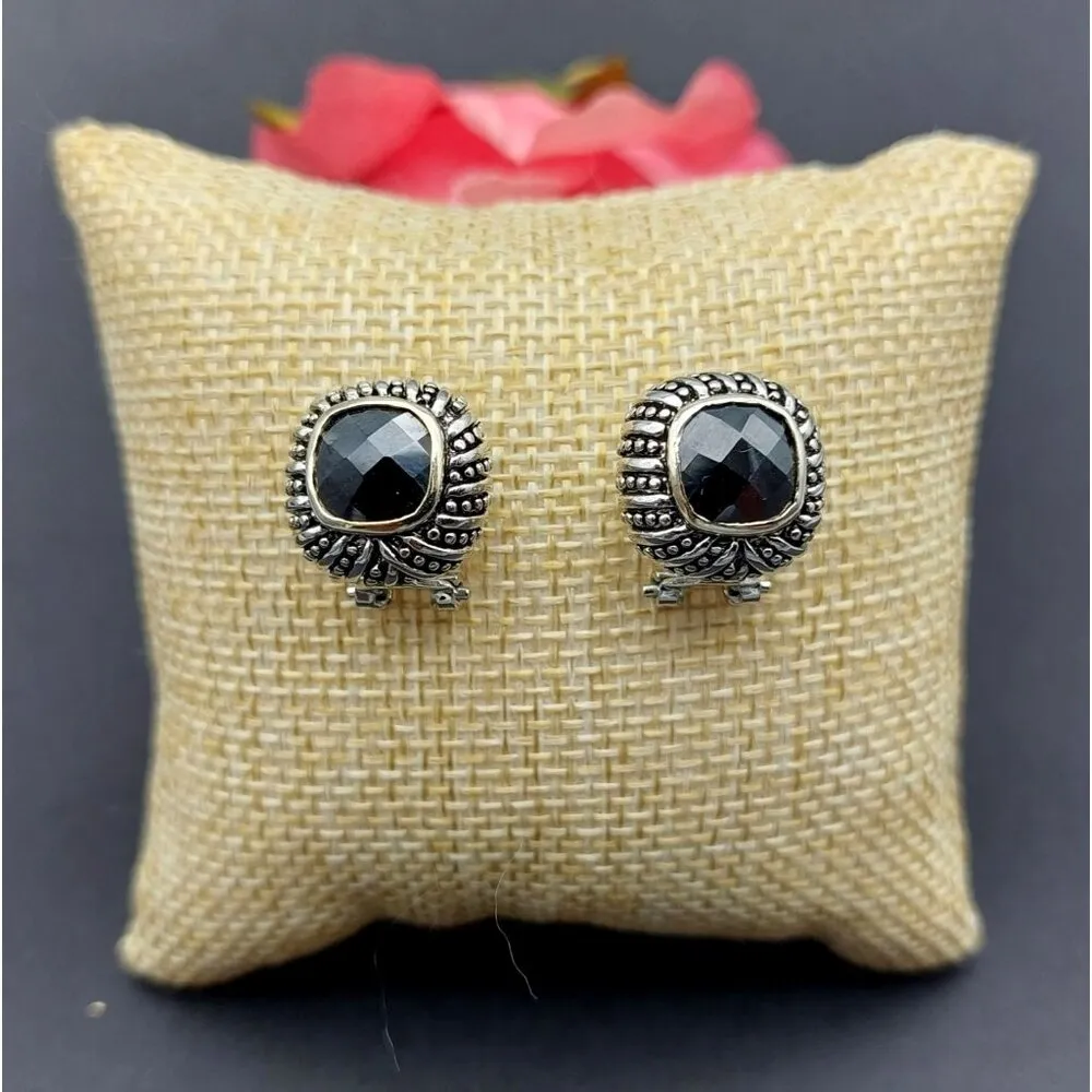 CHAPS Textured Silver Tone & Faceted Black Glass Stone Pierced Stud Earrings - Image 6