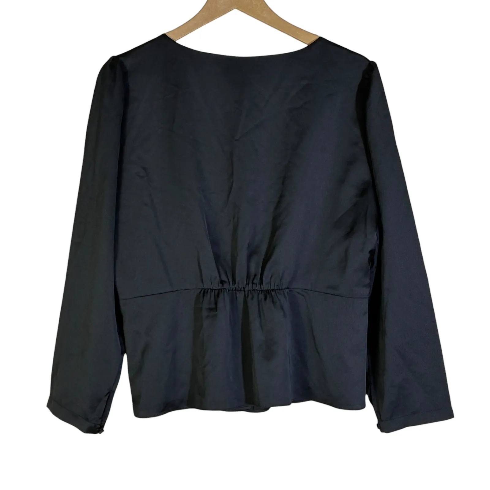 J. Crew Black Satin V Neck Peplum Blouse Button Front Long Sleeve Size 14 - Image 4