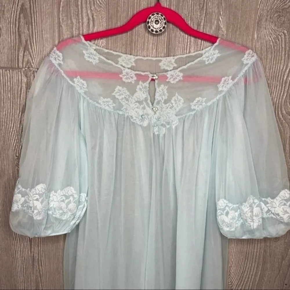 vintage 1950 kayser nightgown and robe set double layer tulle chiffon lace sleep Blue - Image 5