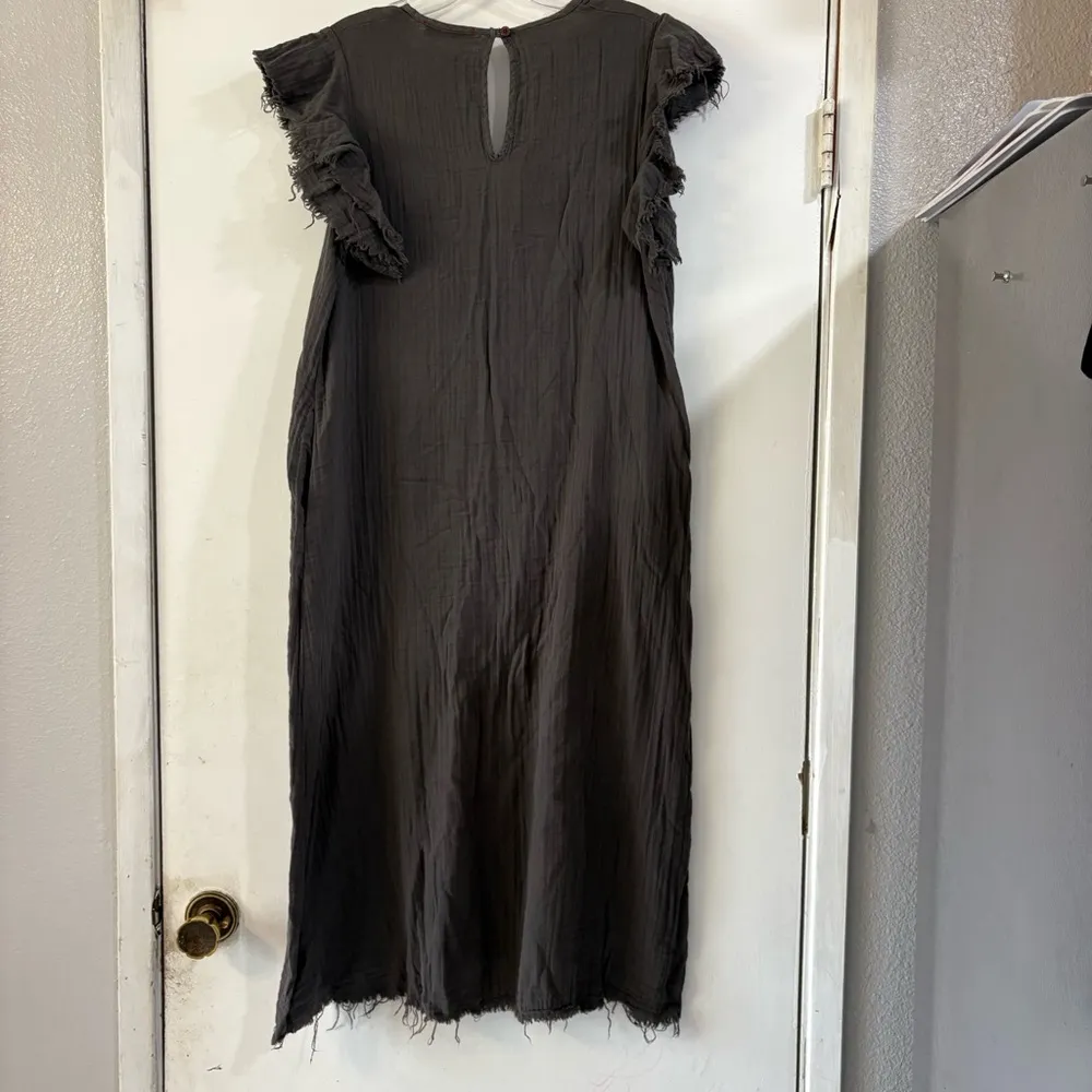 Stark X Gauze Gray Dress Raw Hem Edge Cotton XS V Neck Resort Beach Lightweight - Image 2