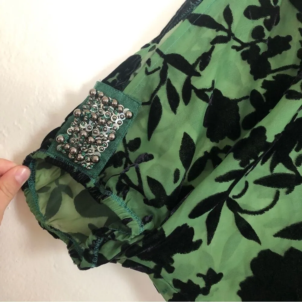Awake Couture Green Black Velvet Velour Floral Flutter Sleeve Blouse Top Size L - Image 3