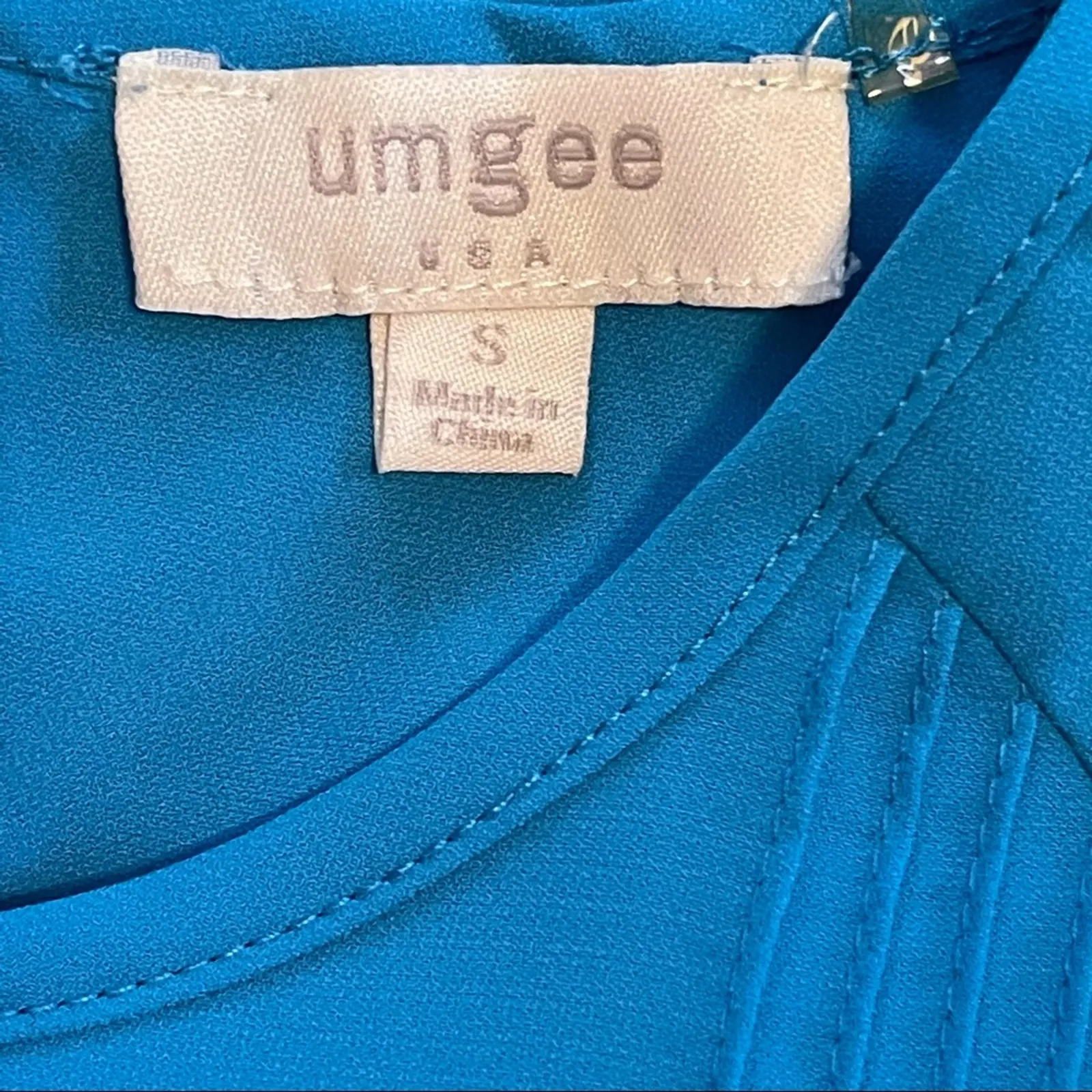 Umgee USA Pleated Neck Tie Back Long Sleeve Blouse Blue Cotton Blend Size S - Image 4