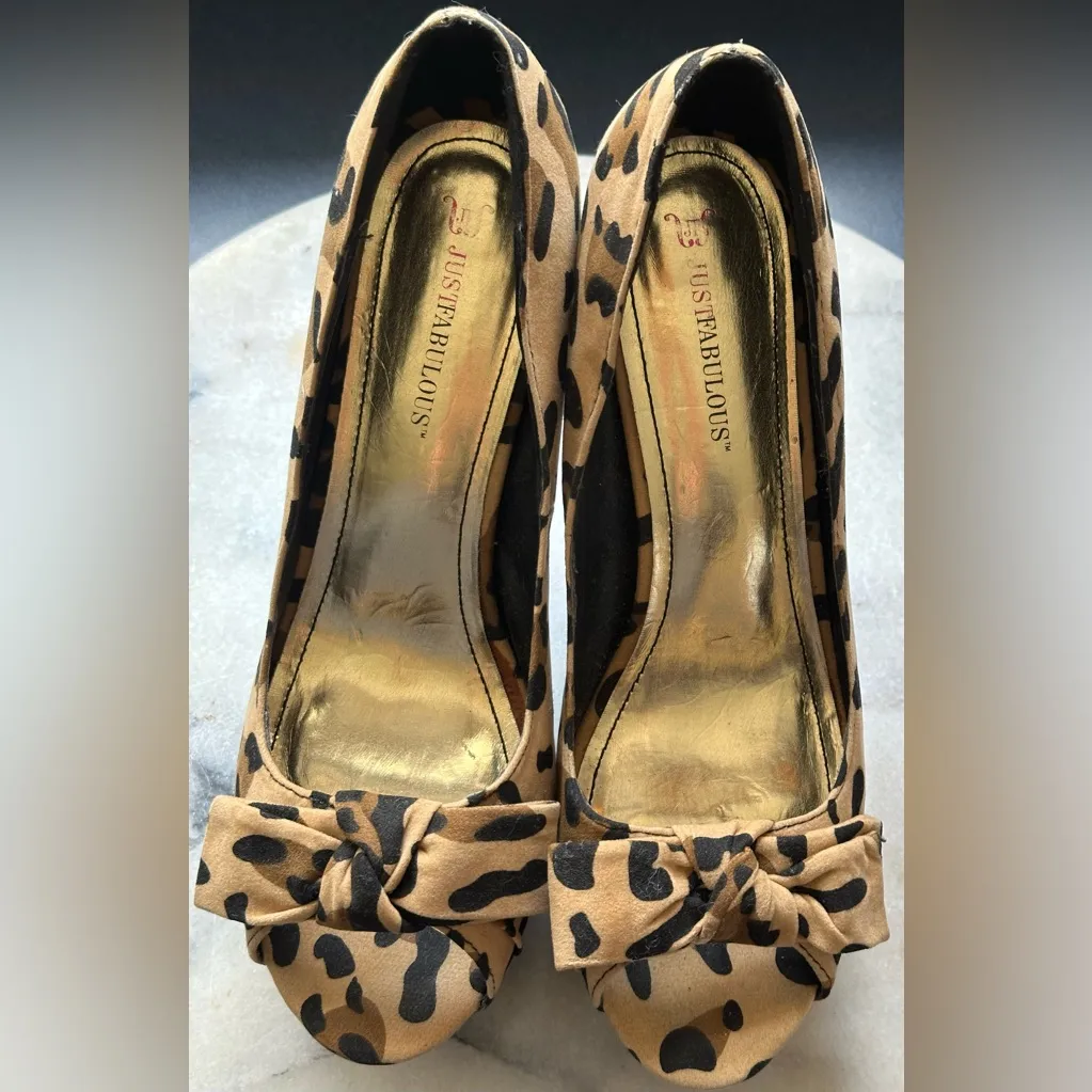 JustFab Browns & Black Leopard Animal Print Pep Toe Bow Stiletto Heels Sz 10. - Image 8